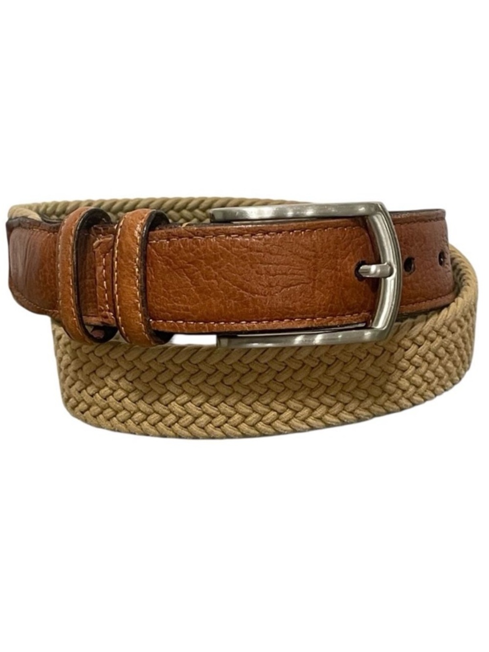 Torino Stretch Woven Beige Belt Brown Leather Trim Silver Buckle 69502 Men 30